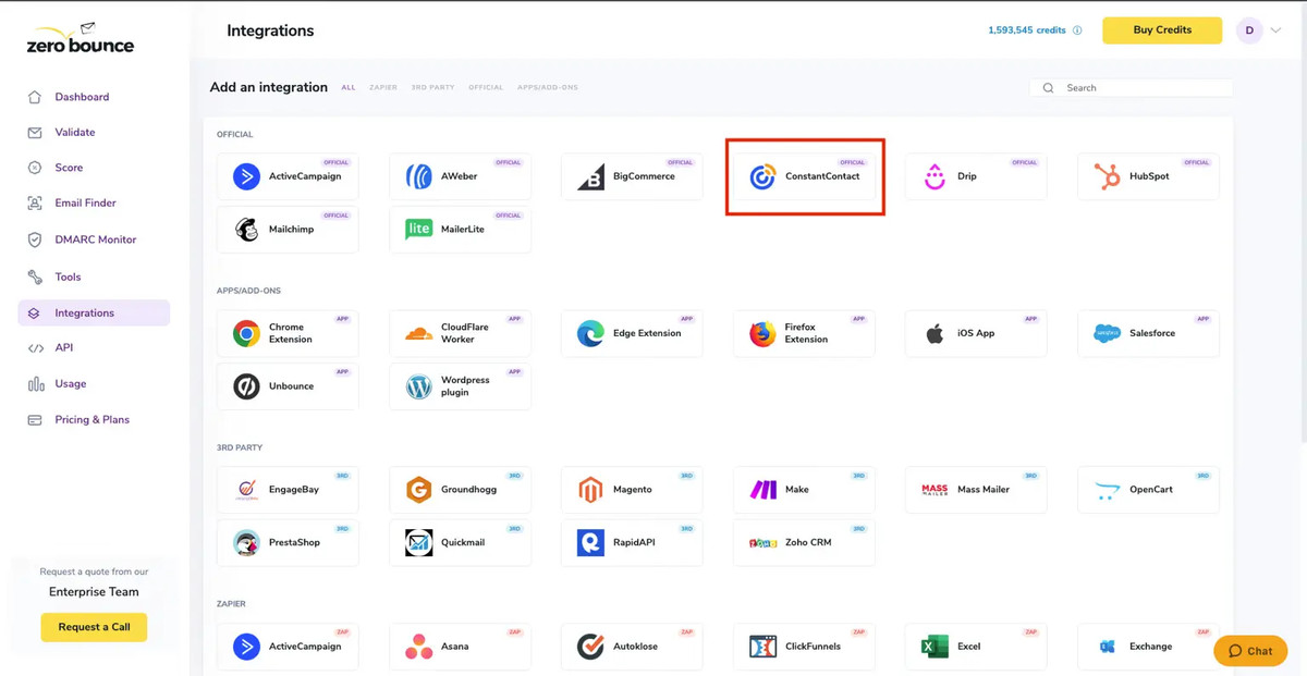 The list of ZeroBounce integrations with a red box around Constant Contact