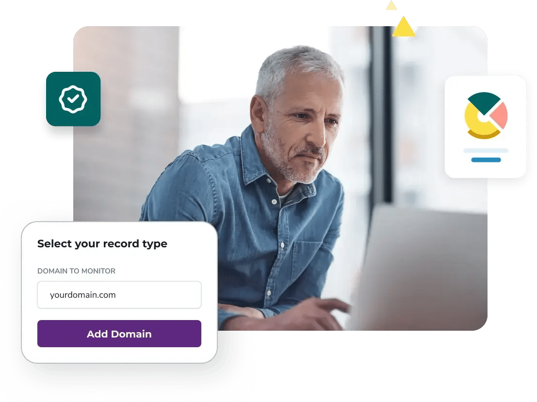 Older man begins his domain authentication to use the DMARC analysis tool from his computer
