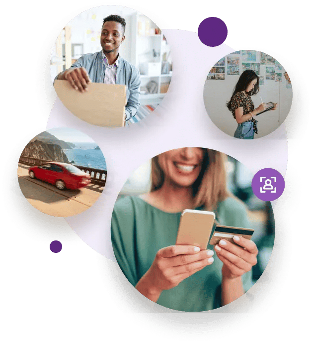 Varios hombres y mujeres trabajando, comprando y viajando que sacan provecho de encontrar a otros utilizando el ,[object Object]