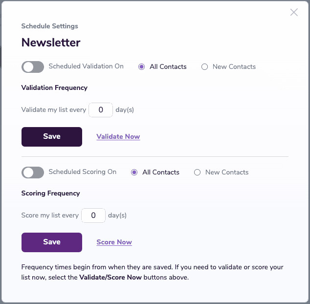 ZeroBounce Schedule Settings for a Klaviyo contact list called ‘Newsletter,’ where you can schedule ,[object Object], & Scoring.