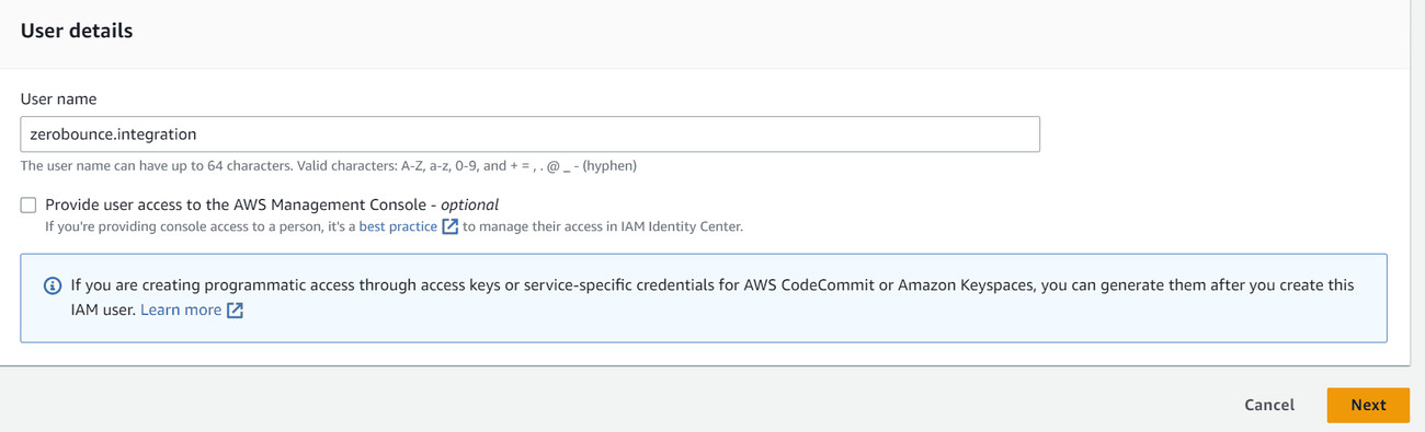 Choose a username (e.g. zerobounce.integration) and hit Next