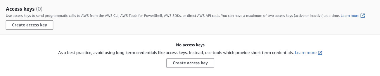 4. Under Access keys, select Create access key