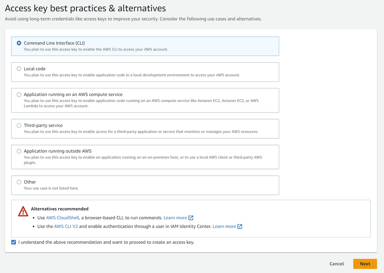 5. On the following page, select Command Line Interface (CLI), check I understand the above recommendation and want to proceed to create an access key. checkbox and hit Next