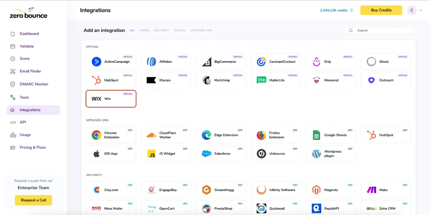 Un contorno rojo sobre la integración oficial de ZeroBounce con Wix en el panel de control de ZeroBounce.