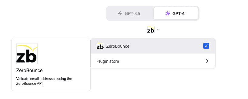 El menú de complementos para una nueva conversación, con ZeroBounce instalado