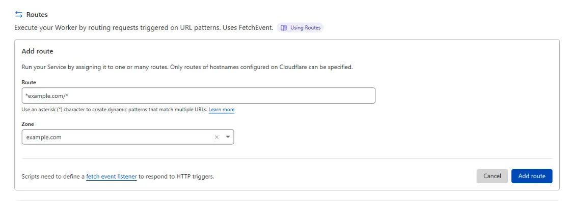 Example of how to create a route and zone for your Cloudflare Worker when using ZeroBounce email validation