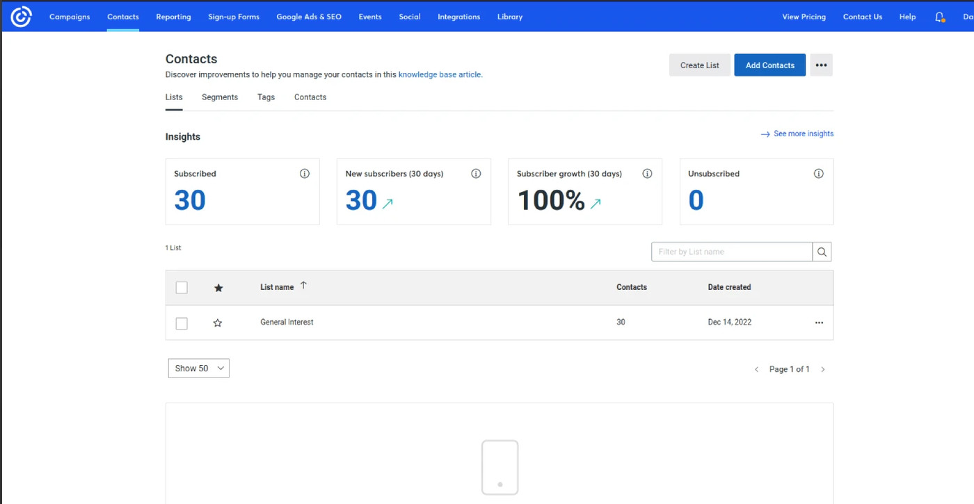 Constant Contact dashboard: List management screen