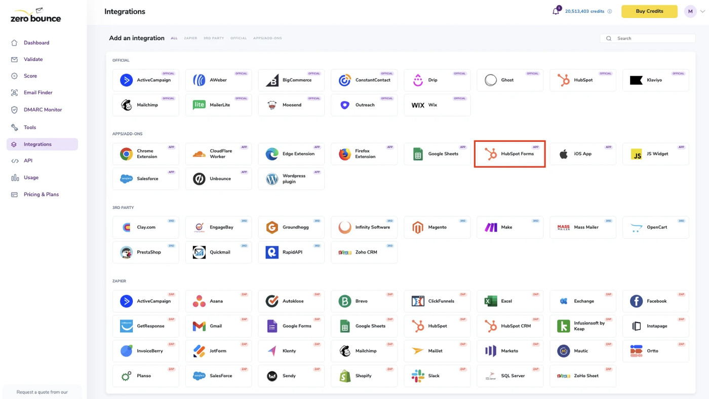 The list of ZeroBounce integrations found in the members’ area dashboard.