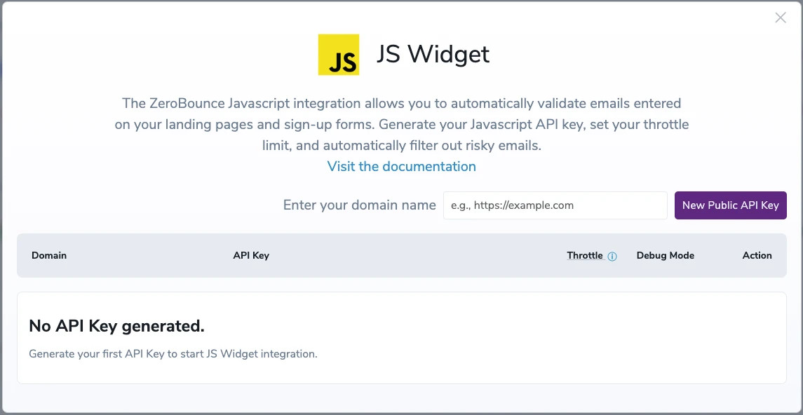 The ZeroBounce JS Widget integration menu with no API key. You can enter a domain in the blank field and click ‘New Public API key.’