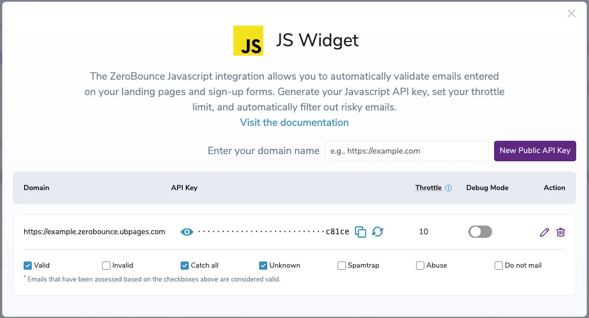 The ZeroBounce JS widget with default settings for the domain ‘https://example.com.’