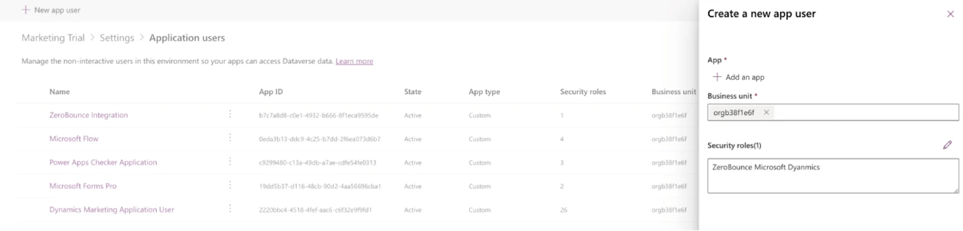 Microsoft Dynamics 365’s Create a new app user menu with the value ‘ZeroBounce Microsoft Dynamics’ entered as the security role.