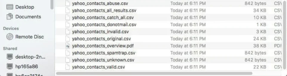 Archivo de resultados de validación de correo electrónico de ZeroBounce descomprimido en una ventana del Finder de Mac OS