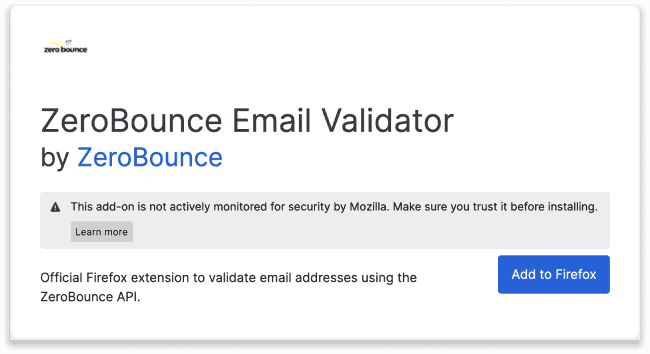 Extensión de validación de correo electrónico de ZeroBounce para Firefox en Firefox Browser Add-ons Store