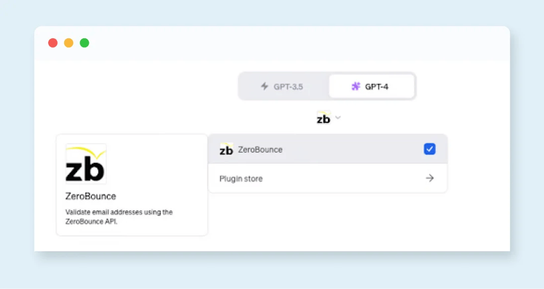 La integración de la verificación de correo electrónico de ChatGPT de ZeroBounce en la tienda de ChatGPT