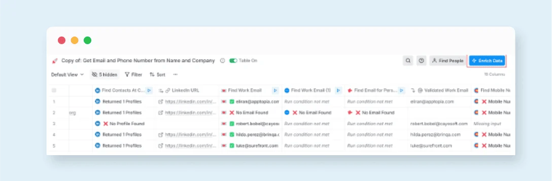 Una tabla de datos en Clay.com que incluye perfiles y URL de LinkedIn, correo electrónico del trabajo y condiciones para encontrar cada uno. El botón "Enriquecer datos" está resaltado en la esquina superior derecha.