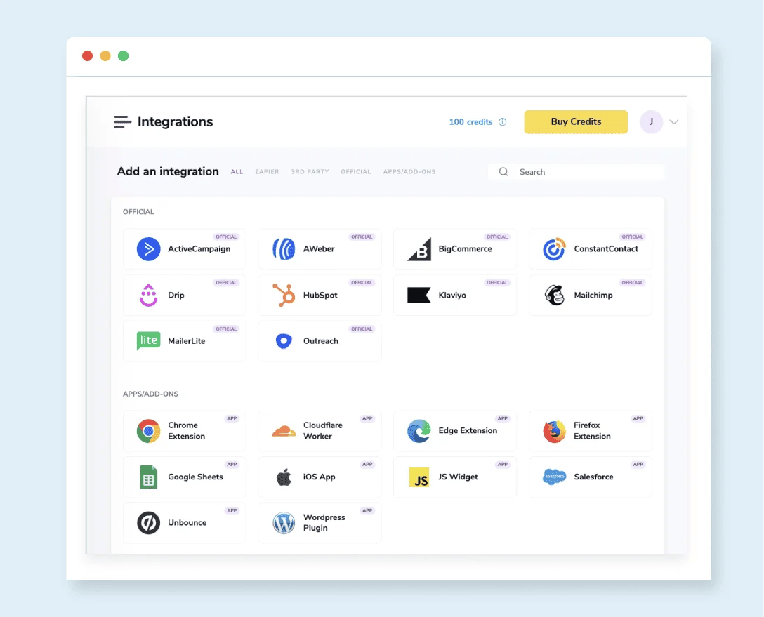 El panel de integración de ZeroBounce, que muestra integraciones oficiales como Outreach.