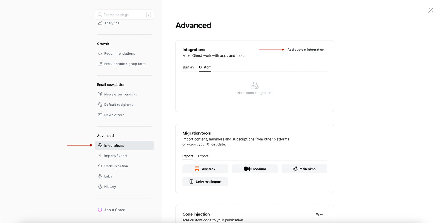 La pantalla de configuración de Ghost con flechas que apuntan a Integraciones, Agregar integración personalizada.