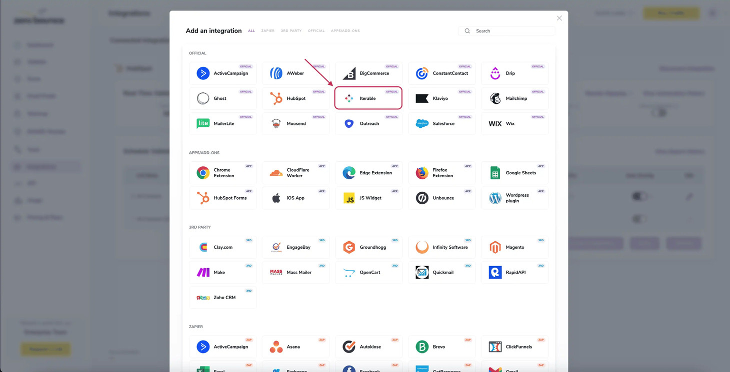 El panel de ZeroBounce con Integrations resaltado.