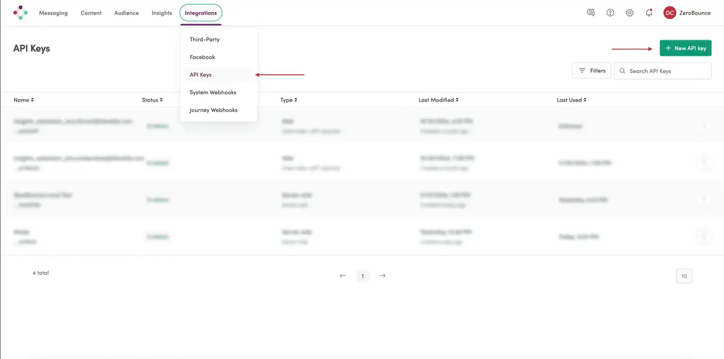 La cuenta de Iterable con Integrations > API Keys resaltado.