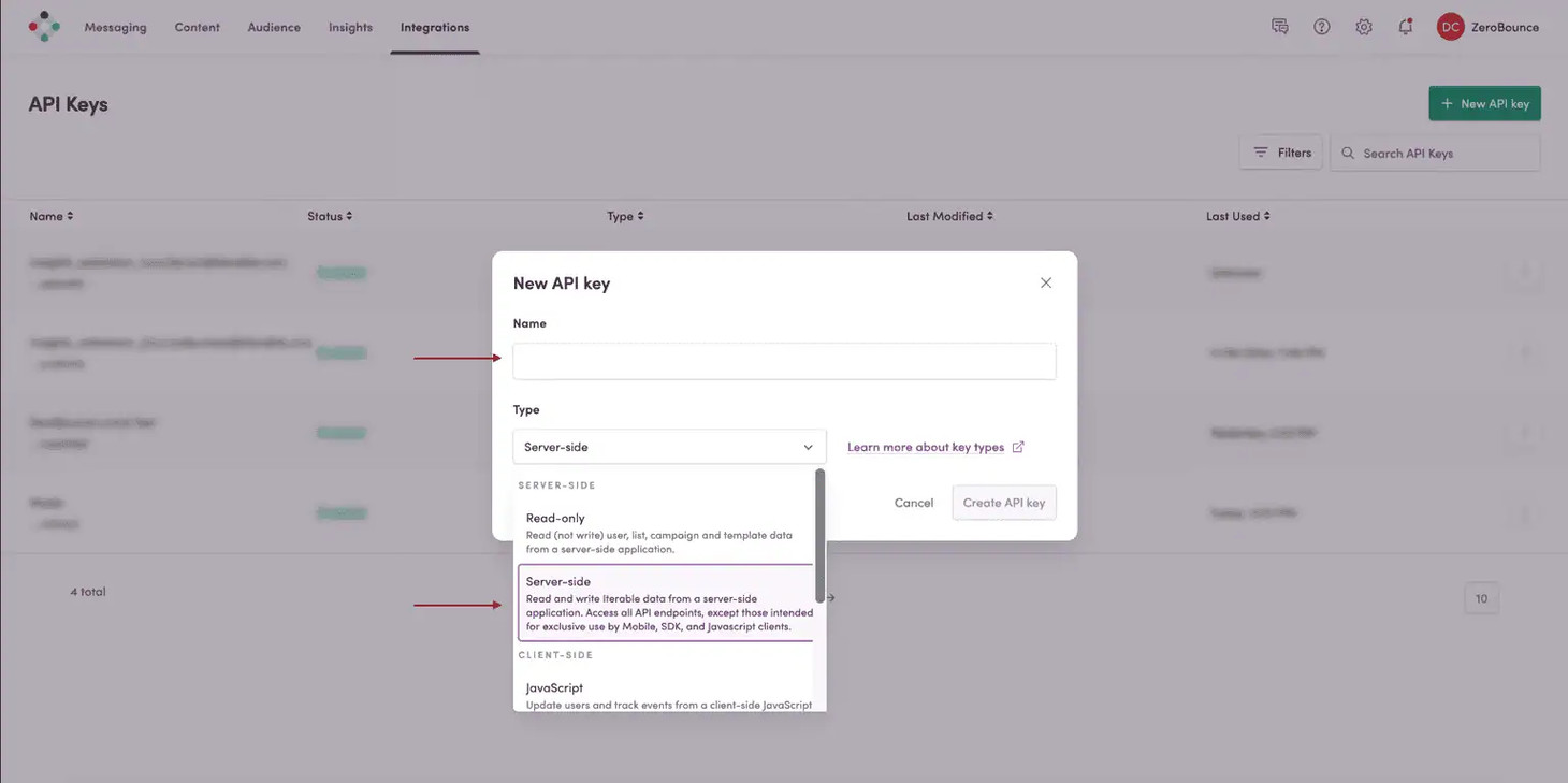 La cuenta de Iterable con la opción de crear API key resaltada.