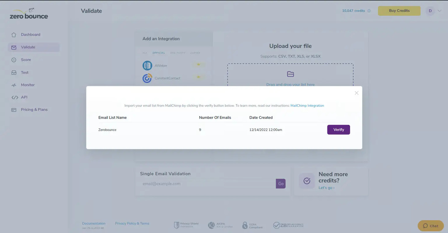 Elija la lista de correos electrónicos de Mailchimp que desee limpiar y comience la verificación.