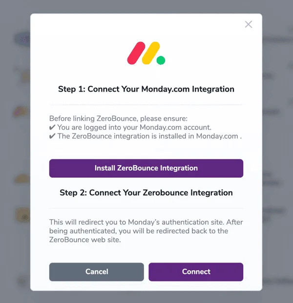 La ventana emergente de conexión para la integración de la Monday.com de ZeroBounce.
