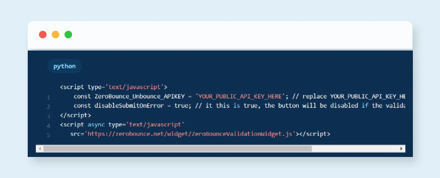 Muestra de Javascript de Unbounce de ZeroBounce