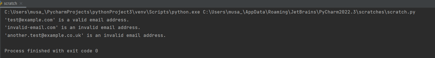a Python email verification result in Scratch that shows ‘test@example.com’ is a valid email address, while ‘invalid-email.com’ and ‘another.test@example.co.uk’ are invalid