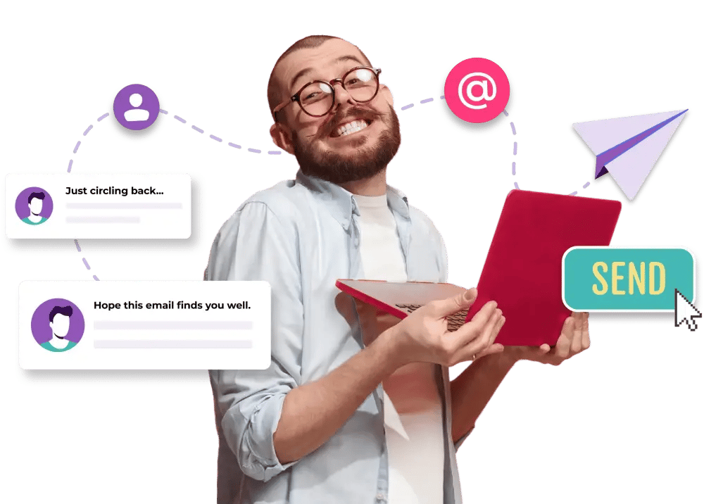 Smiling young man holding a red laptop with design elements on purple background illustrating the most commonly used buzzwords in email communication