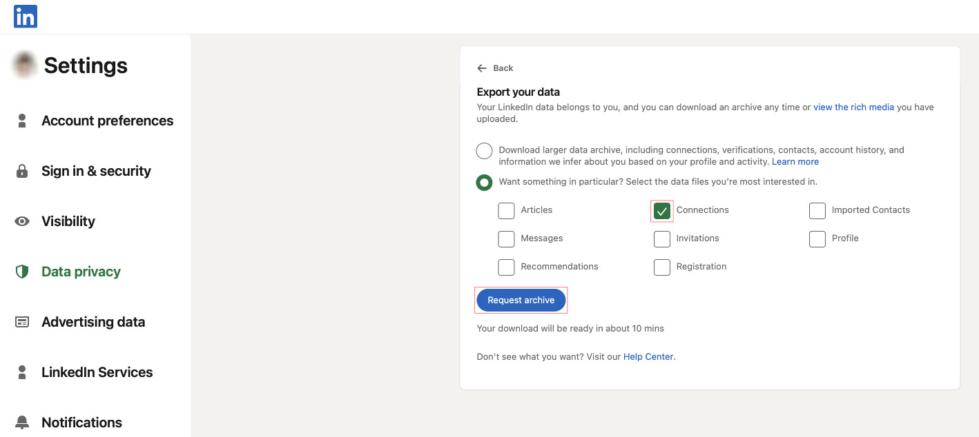 LinkedIn's "Export your data" menu with a checkmark next to "Connections" and the "Request archive" button highlighted