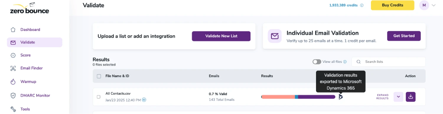 A Microsoft Dynamics 365 email list in queue for validation.