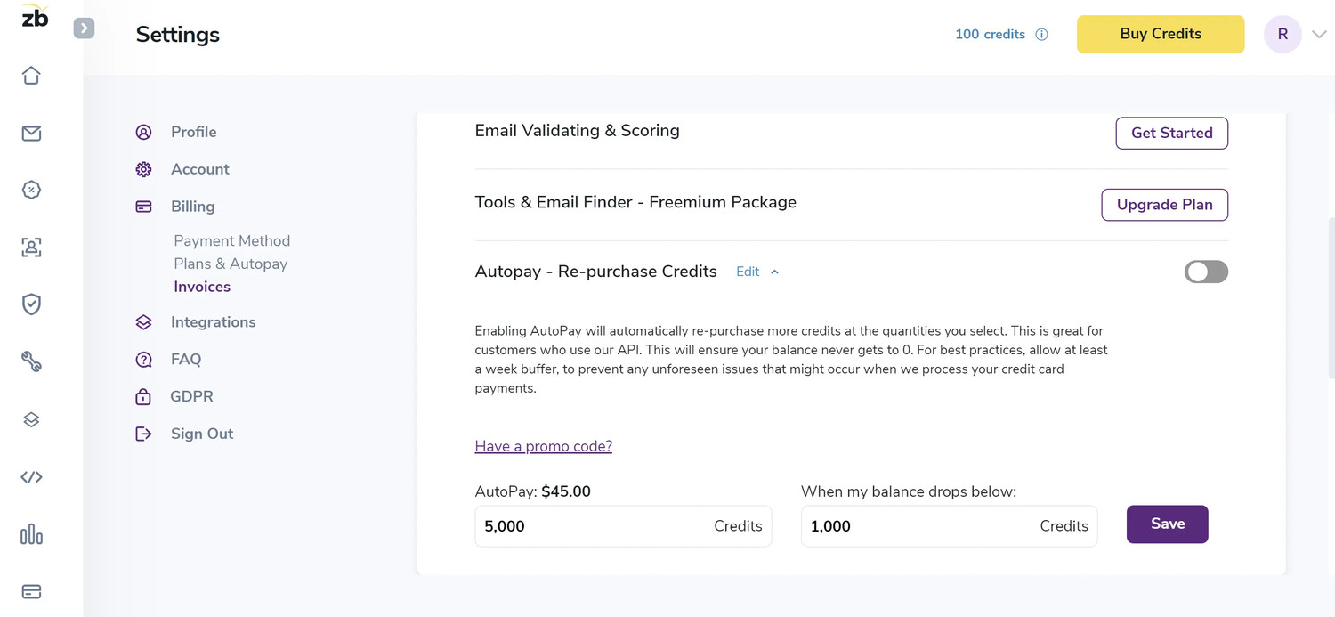 Screenshot of ZeroBounce’s Autopay settings