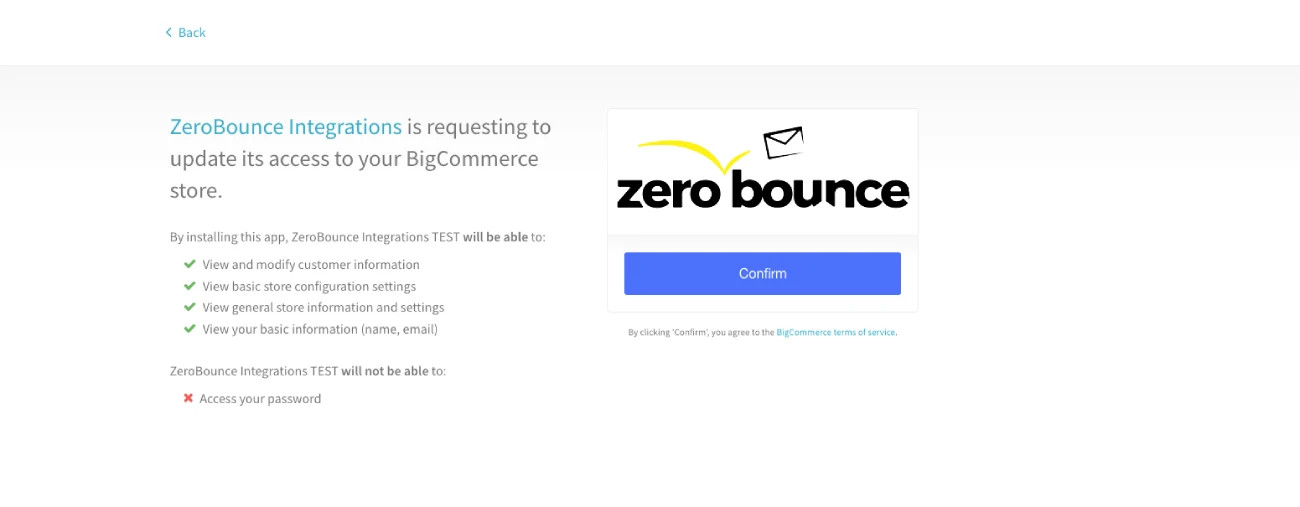 Authorizing BigCommerce access for the ZeroBounce application