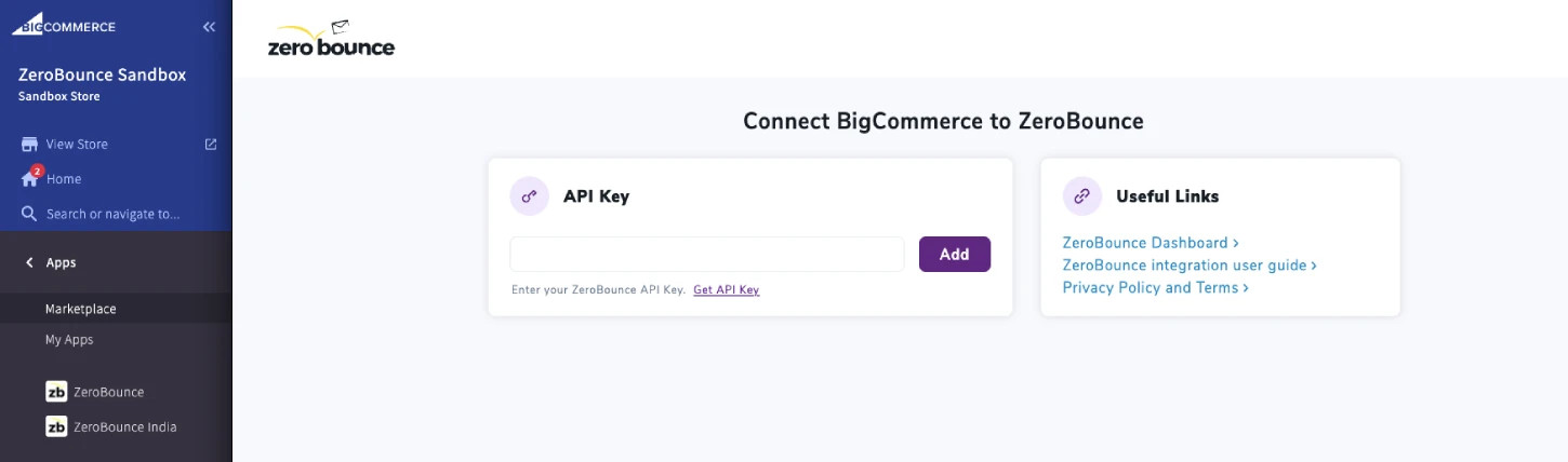 BigCommerce - ZeroBounce integration dashboard