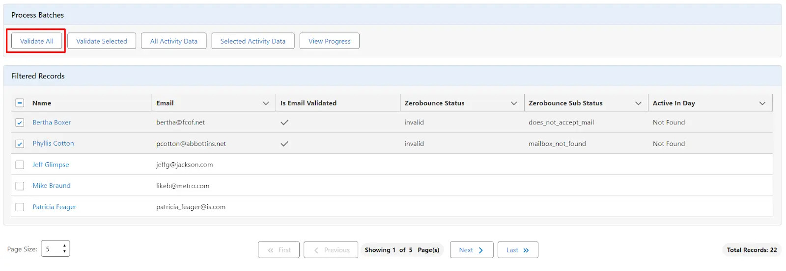 Validar todos los correos electrónicos: haga clic en el botón 'Validar todos'