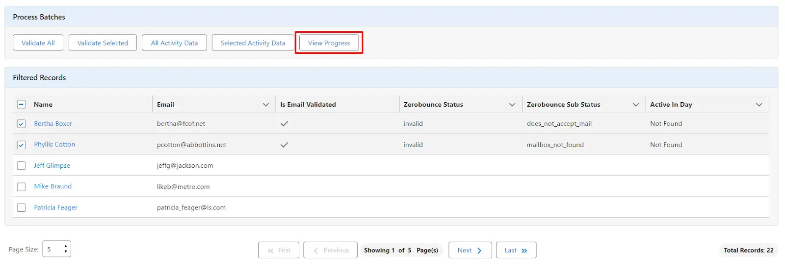 Ver el progreso de Validar todo el lote: haga clic en 'Ver progreso'