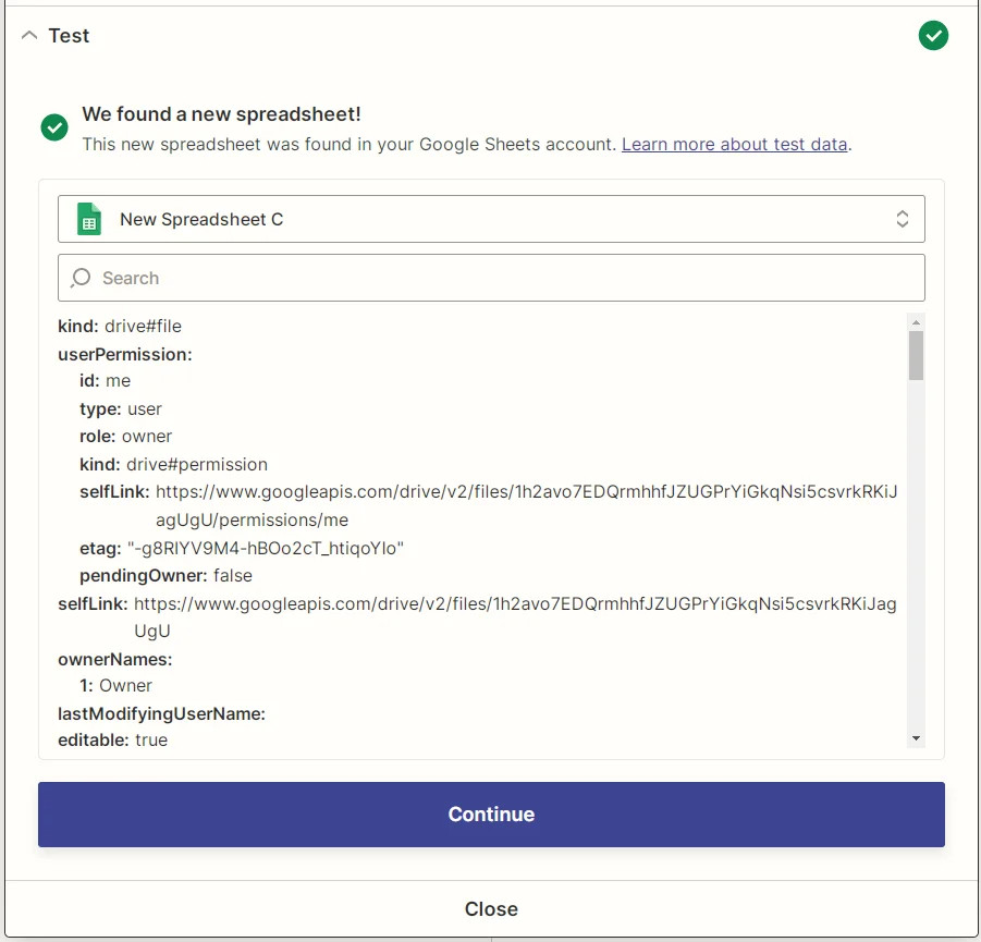 Captura de pantalla del resultado de la prueba de una nueva hoja de cálculo de Google Sheets de Zapier