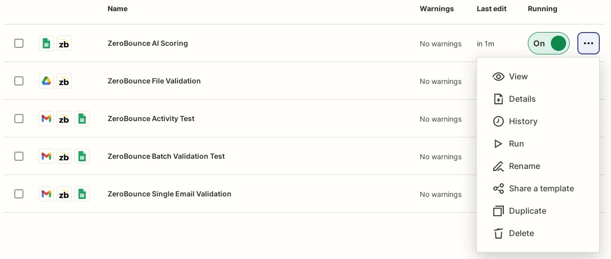 Captura de pantalla del menú de contexto de un Zap en el panel de Zapier