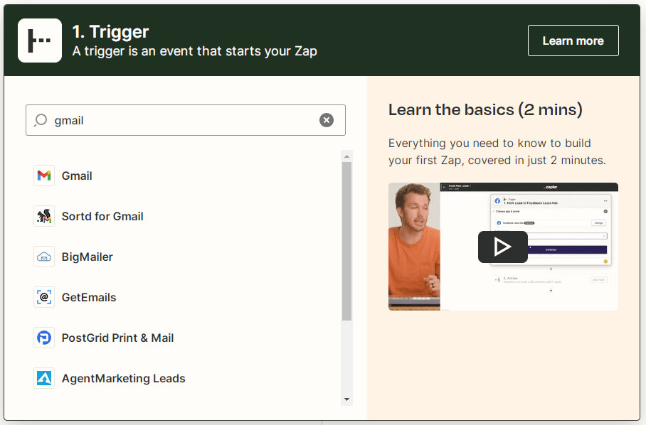 Captura de pantalla de la herramienta de creación de un nuevo activador en Zapier