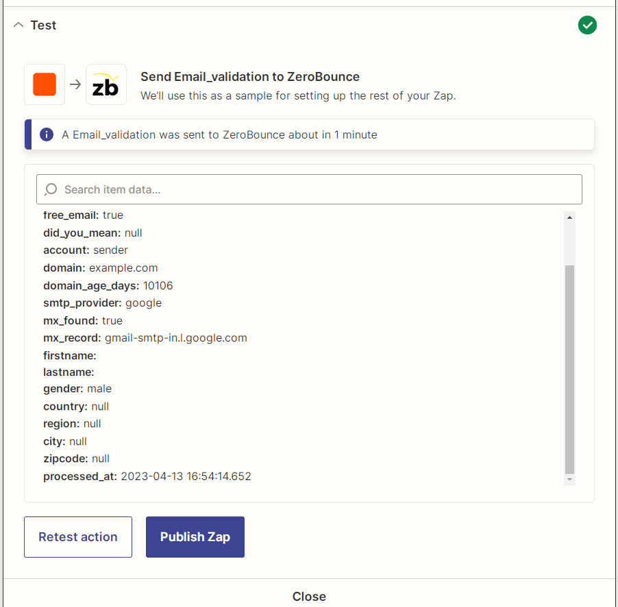 Captura de pantalla del resultado de la prueba de validación de correo electrónico de ZeroBounce de Zapier
