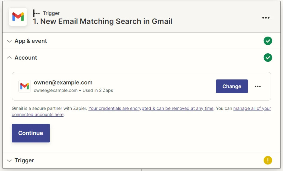 Captura de pantalla de cuenta de Gmail conectada a Zapier