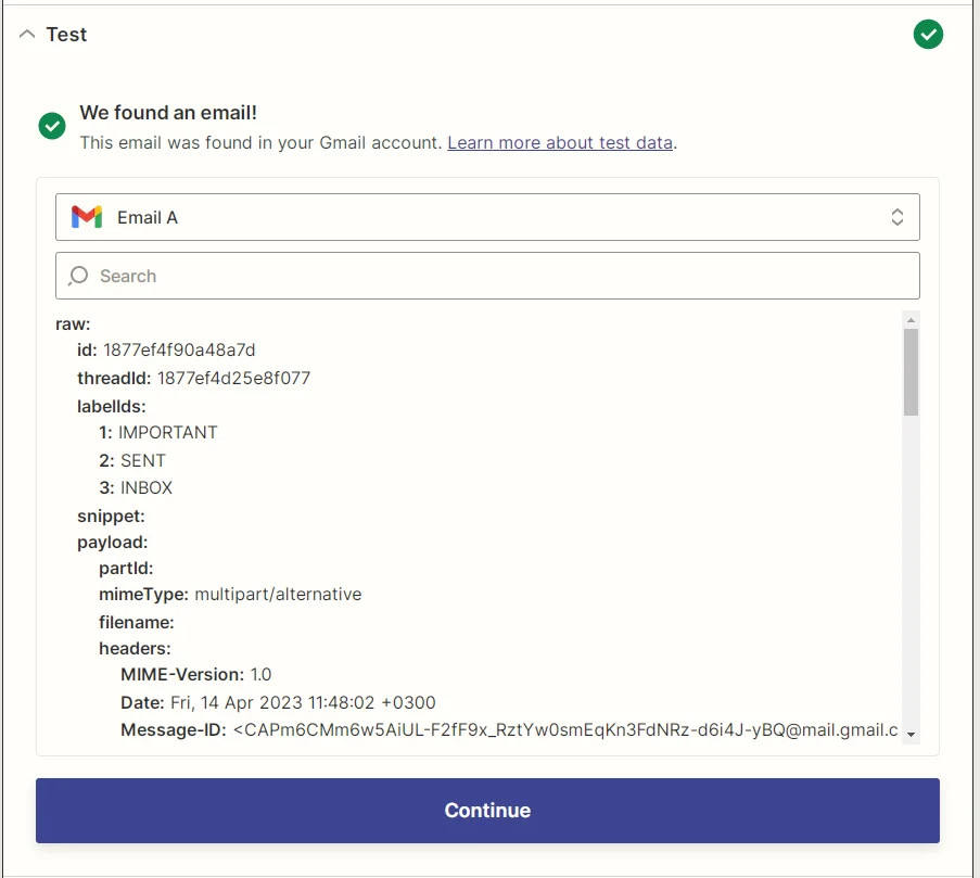 Captura de pantalla de los resultados de una prueba de activador de Gmail de Zapier