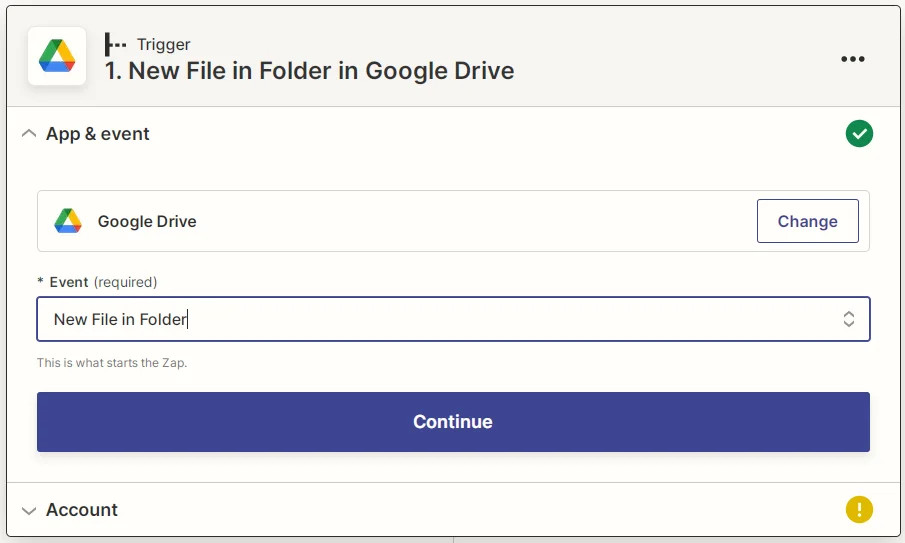 Captura de pantalla que muestra cómo crear el evento Nuevo archivo en carpeta para Google Drive de Zapier