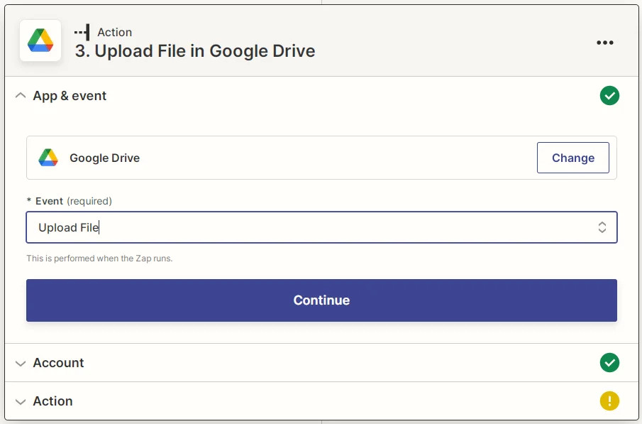 Captura de pantalla de Cargar archivo de Google Drive de Zapier
