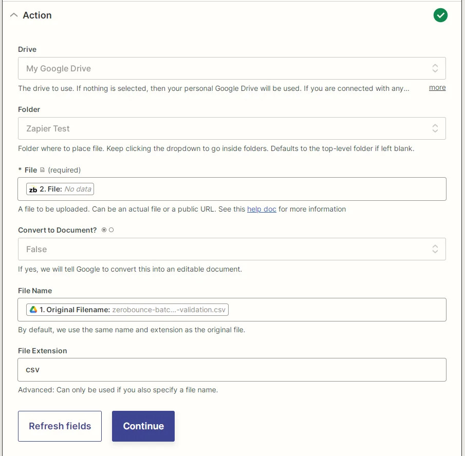 Captura de pantalla de los parámetros de Cargar archivo de Google Drive de Zapier