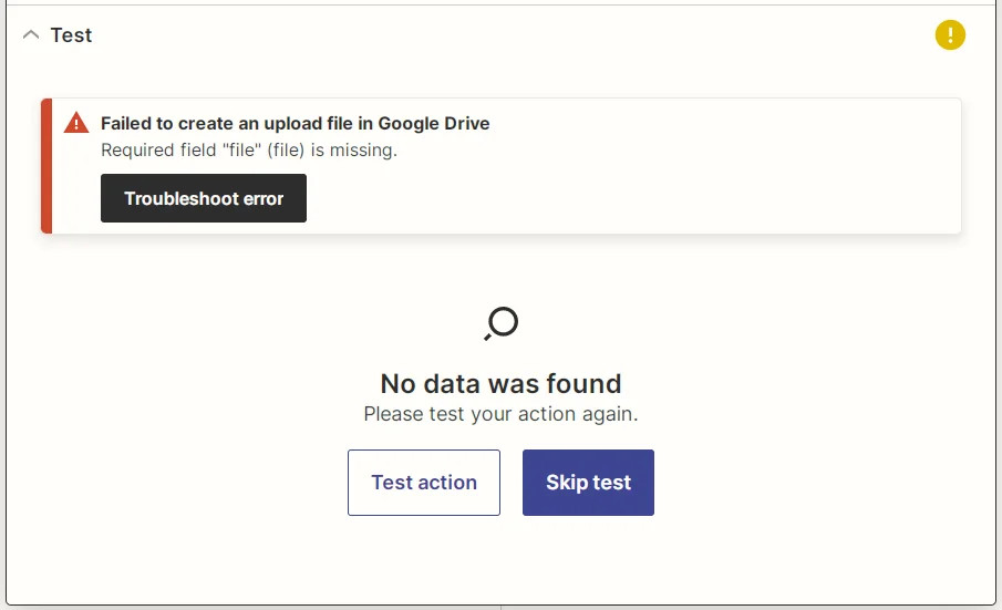 Mensaje que indica que la prueba de la acción de Zapier falló