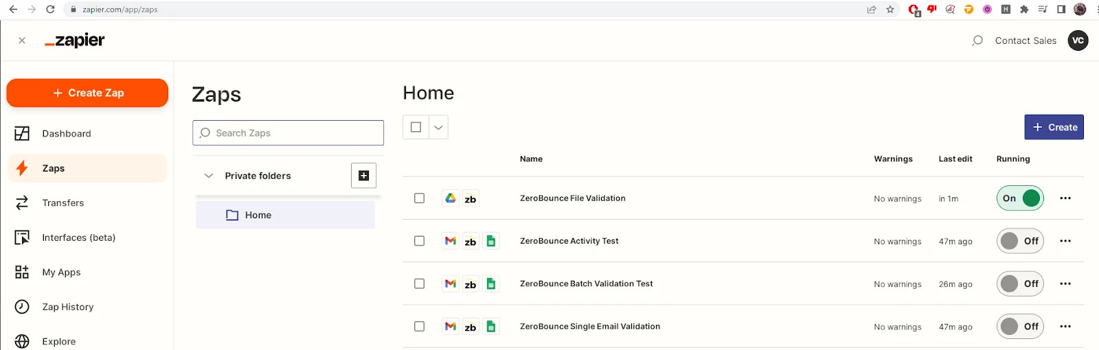 Captura de pantalla del panel de Zap de Zapier