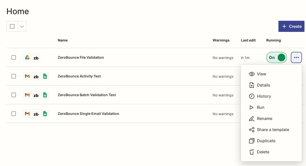 Captura de pantalla del menú de contexto de un Zap en el panel de Zapier
