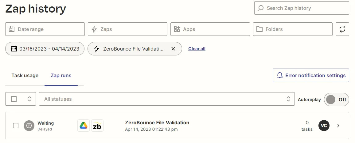 Captura de pantalla del historial de un Zap de Zapier