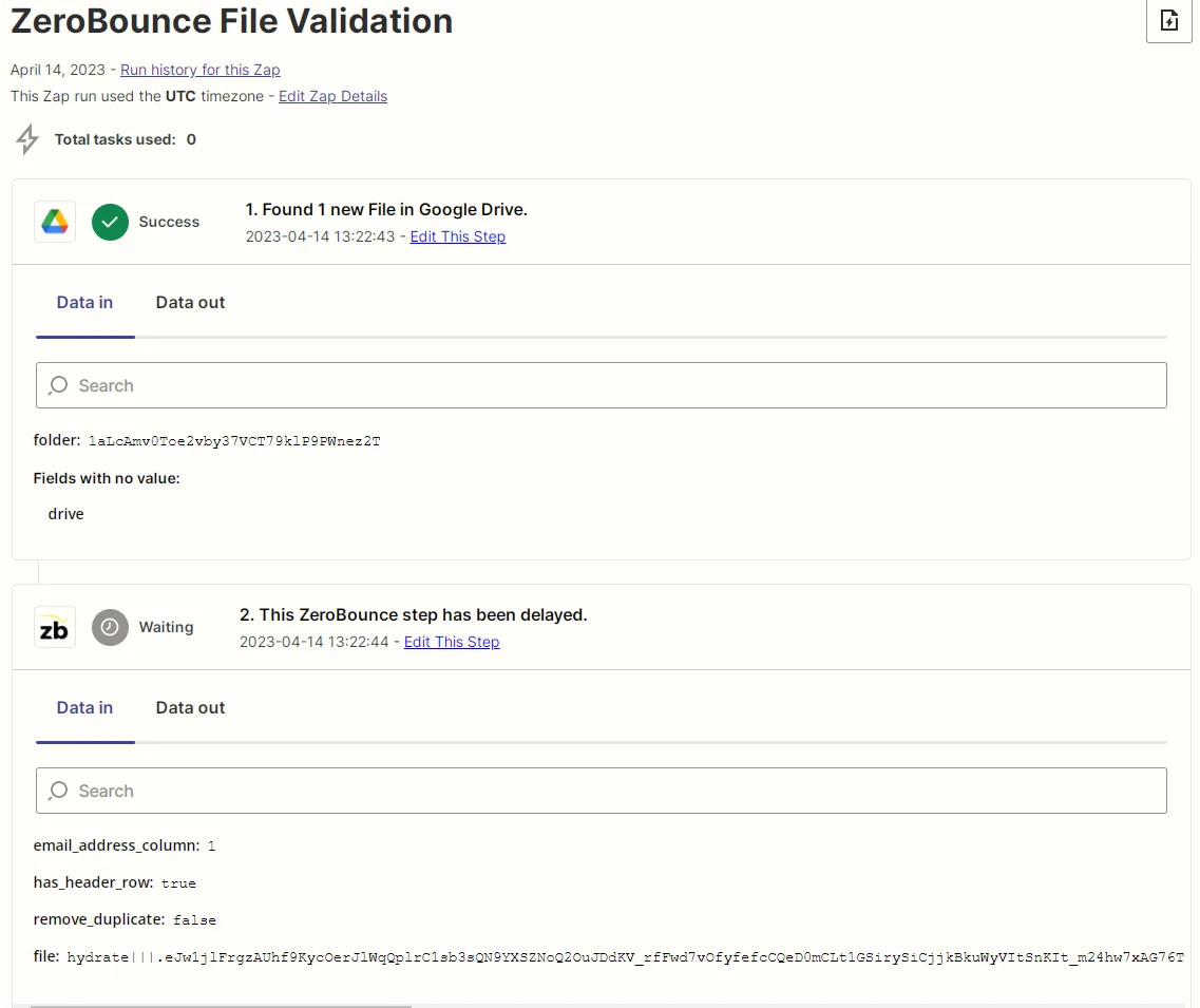 Captura de pantalla de datos de ingreso de un Zap de Zapier